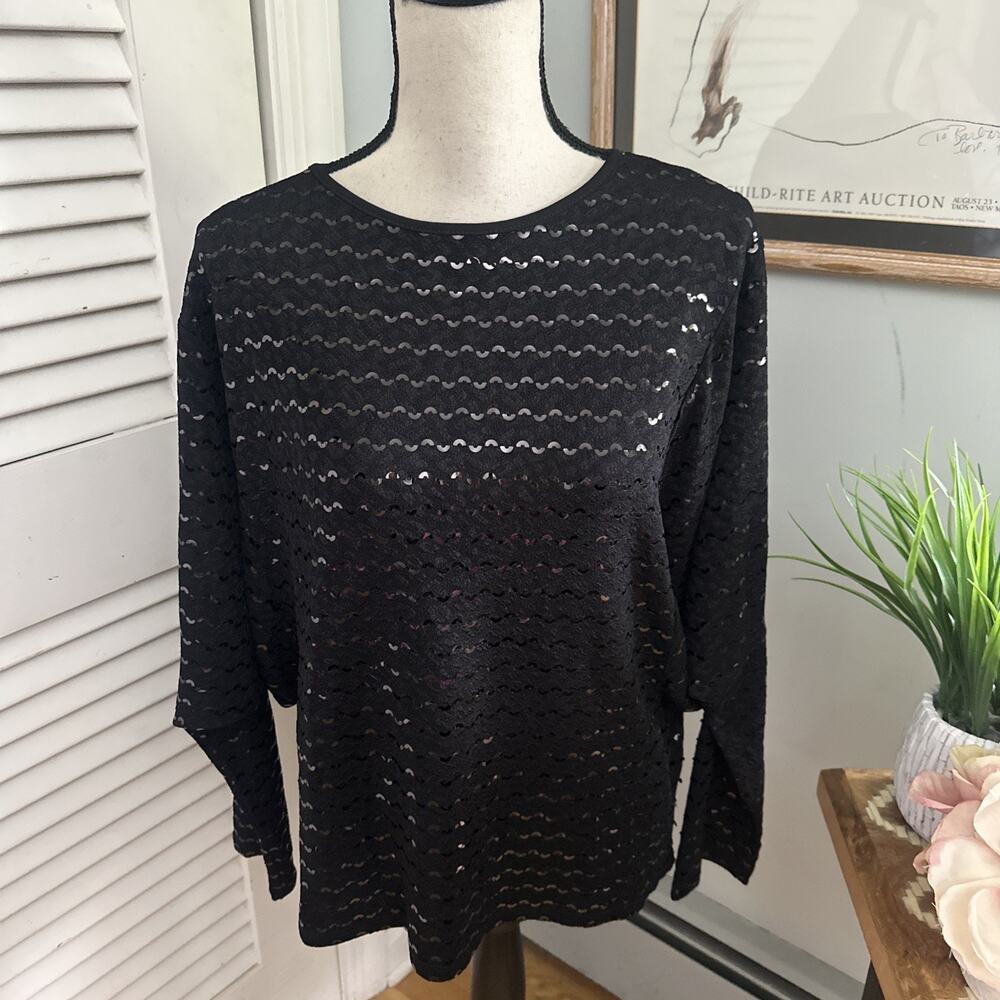 Clara Sun Woo Top Womens Large Black Sequin Dolman Sleeve Minimalist Glam